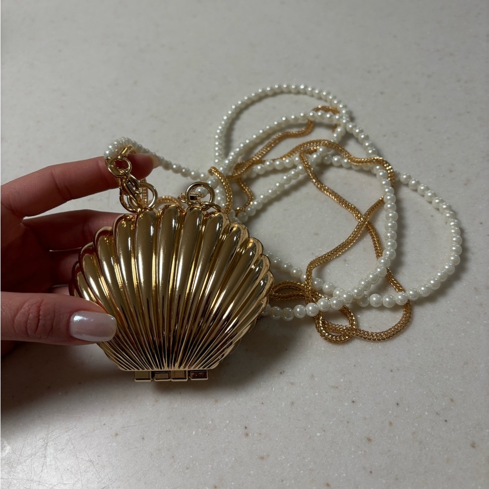 Gold Shell Clutch with Pearl Strap - Picture 5 of 6